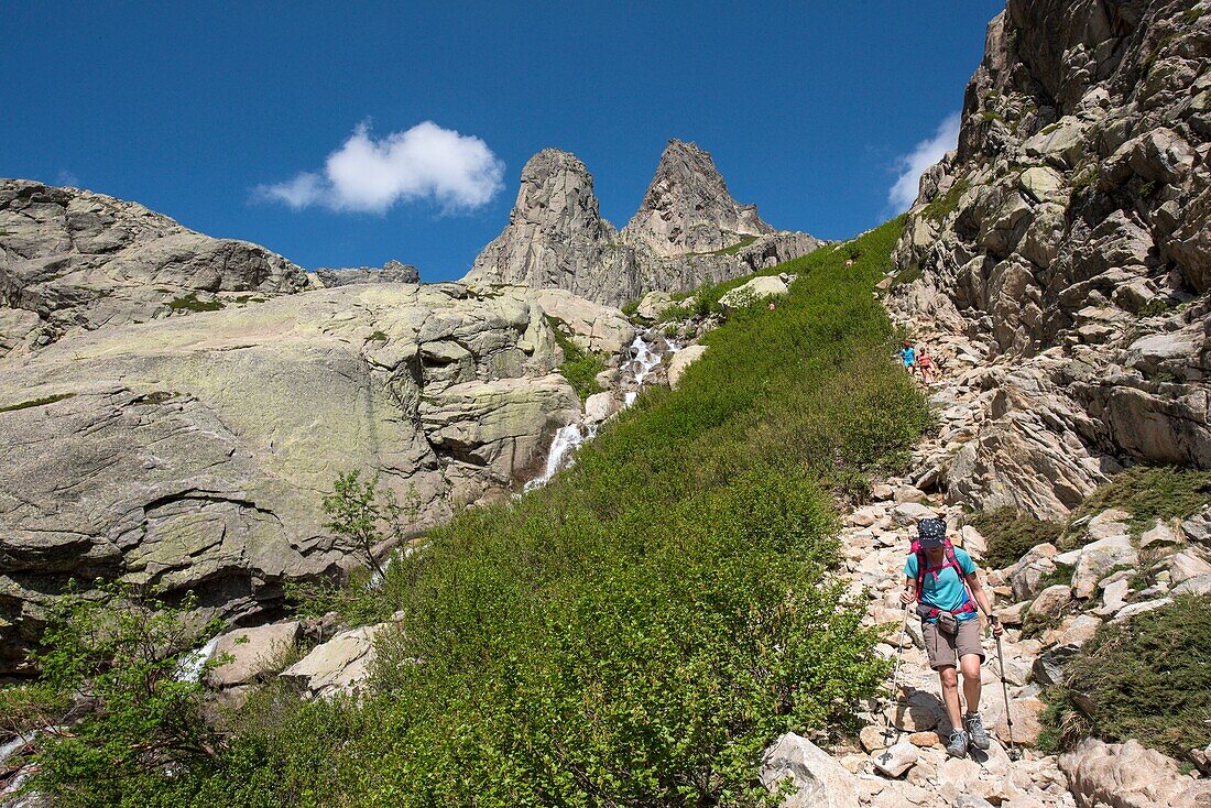 Frankreich, Haute Corse, Corte, Restonica-Tal, im regionalen Naturpark, Wanderung zu den Höhenseen, Weg zwischen Melo-See und Capitello und Spitze der 7 Seen