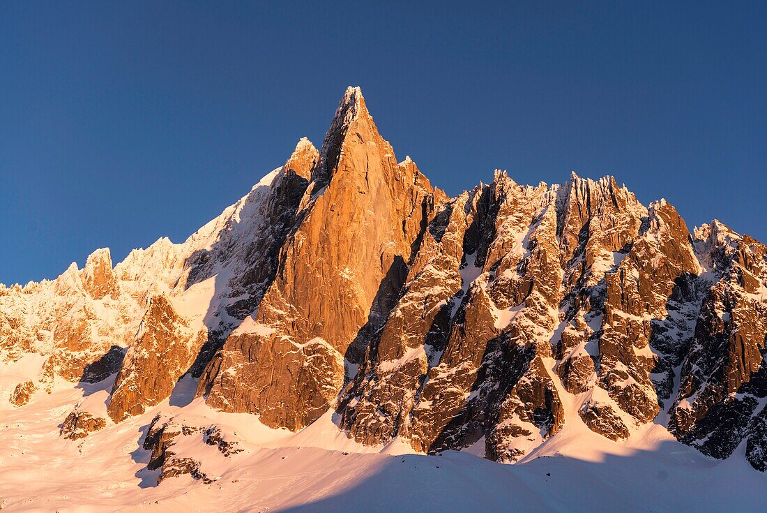 France, Haute Savoie, Mont Blanc valley, Chamonix Mont Blanc, view from the refuge hotel of Montenvers, The Drus (3754 m)