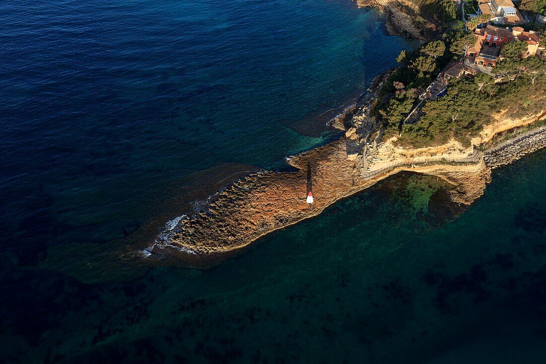 France, Bouches du Rhone, The Blue Coast, Carry le Rouet, The Sugar Loaf, exit of the port (aerial view)