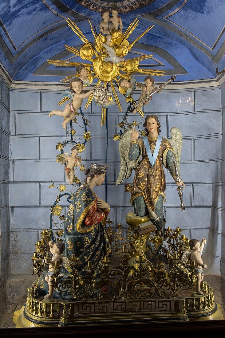 France, Haute Corse, Bastia, citadel, the Holy Cross church and its baroque interior, in a side window, a processional group in polychrome wood from 1804/1805 by the sculptor Luigi Griscelle representing an annunciation