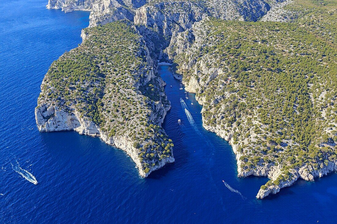 Frankreich, Bouches du Rhone, Calanques-Nationalpark, Marseille, 9. Bezirk, Calanque von En Vau (Luftaufnahme)