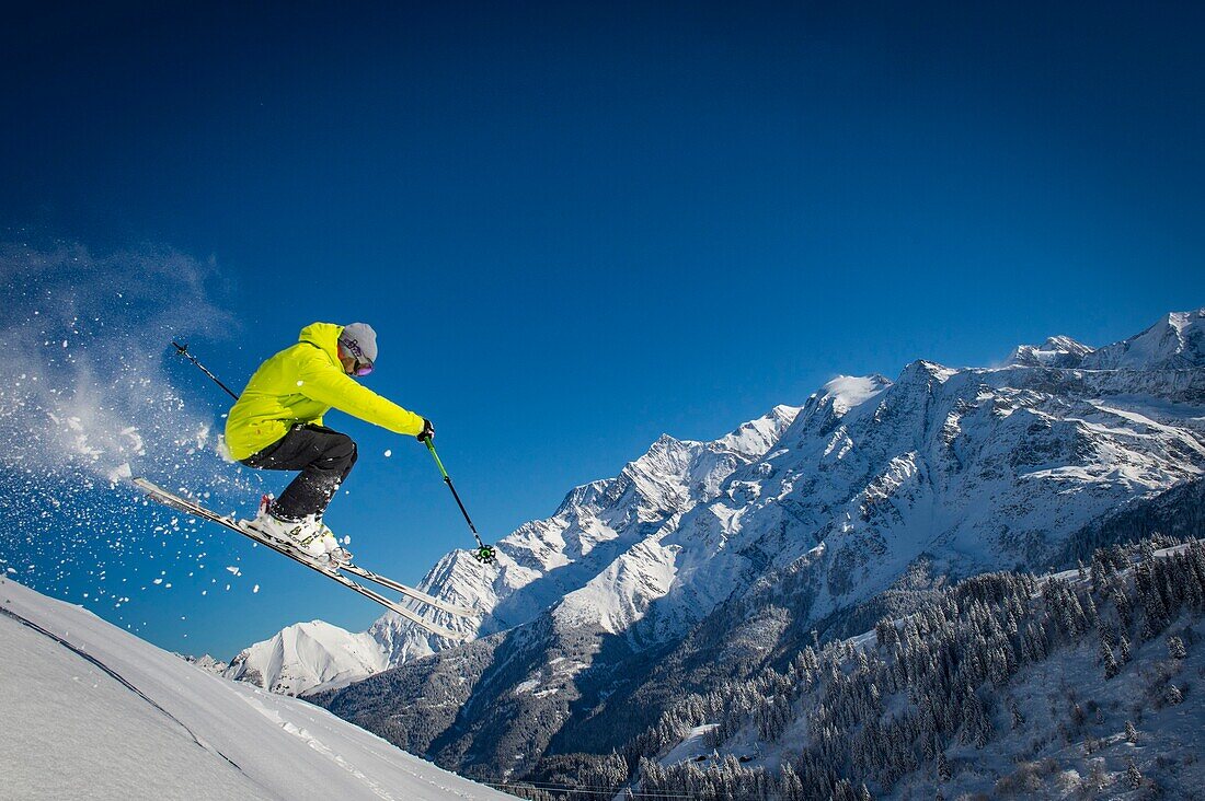 France, Haute Savoie, Massif of the Mont Blanc, the Contamines Montjoie, the jump in off piste skiing outside the ski slopes