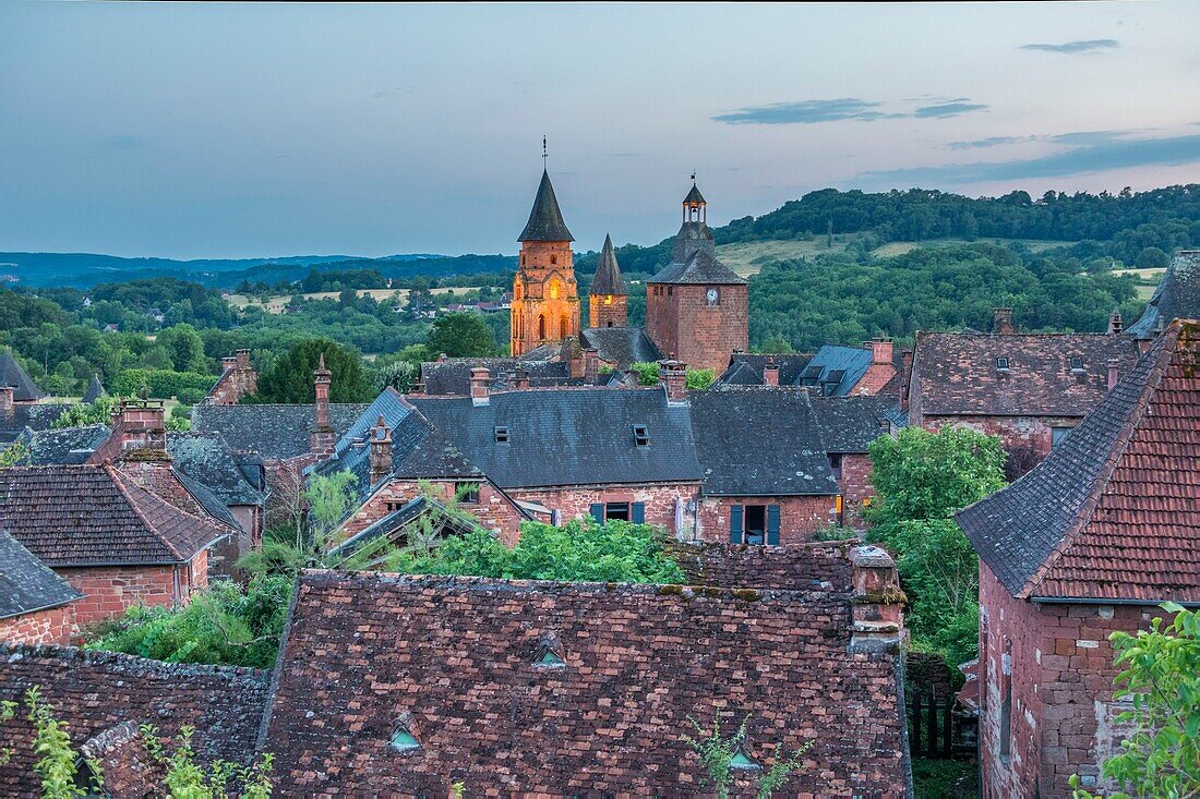 France, Correze, Dordogne Valley, Collonges la Rouge, labelled Les Plus Beaux Villages de France (The Most Beautiful Villages of France), village built in red sandstone, bell tower Saint Pierre church