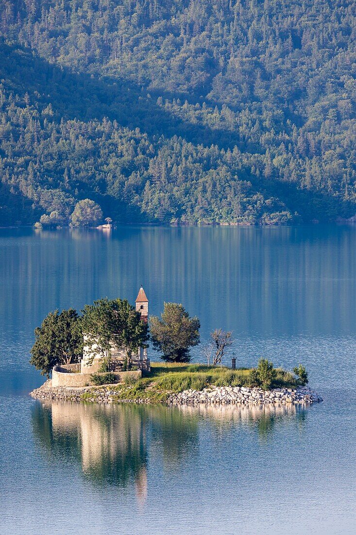 France, Hautes Alpes, the lake of Serre Poncon, Saint Michel chapel of the 12th century on Saint Michel islet