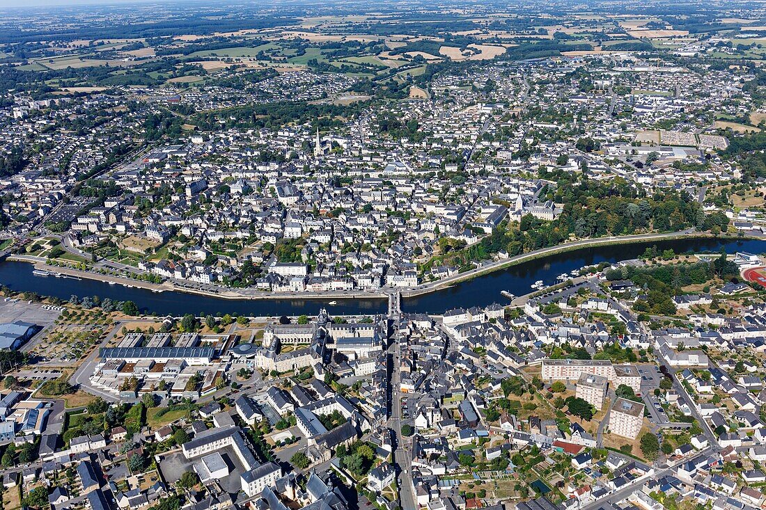 France, Mayenne, Chateau Gontier, the town on the Mayenne river (aerial view)