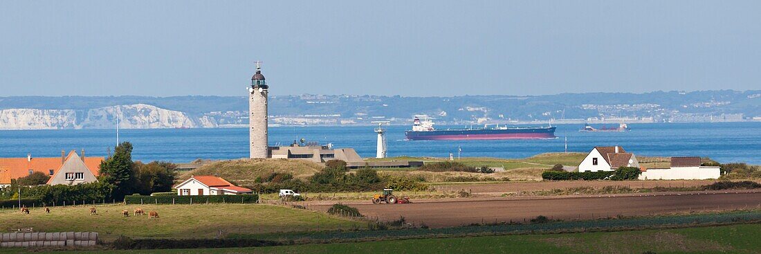 France, Pas de Calais, Cote d'Opale, Audinghen, lighthouse of Cap Gris Nez and english coast distance of only 30 kilometers