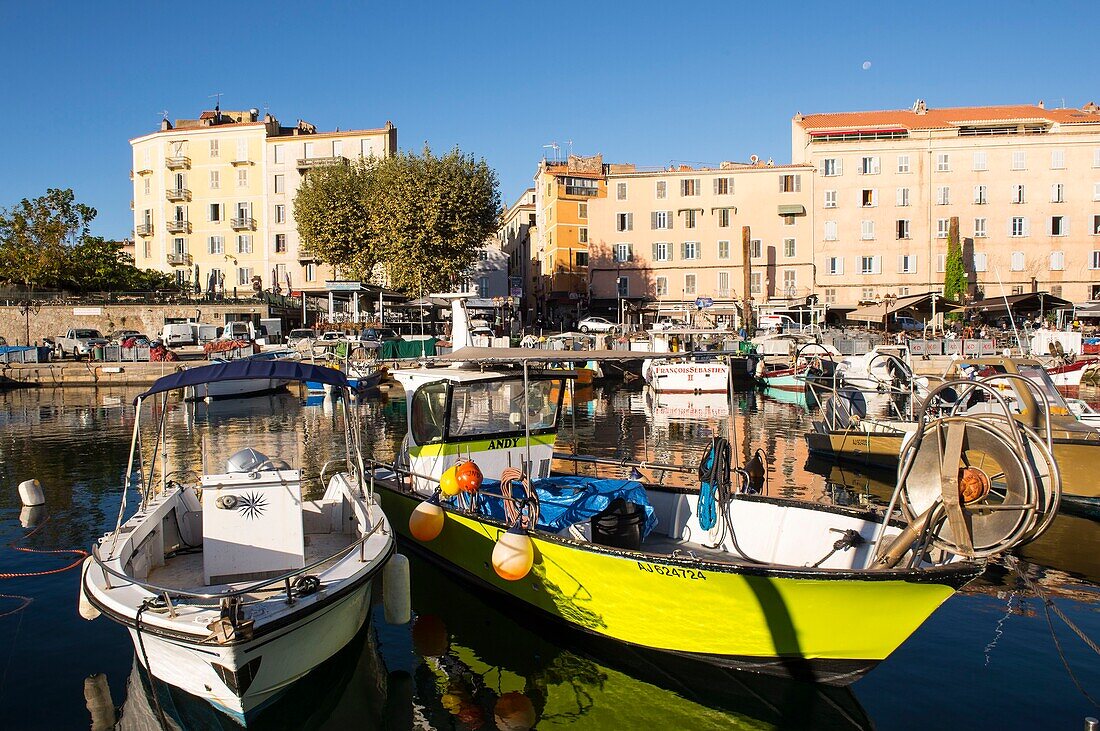 Frankreich, Corse du Sud, Ajaccio, viele hölzerne Fischerboote beleben den Hafen Tino Rossi vor den Fassaden der Altstadt am Morgen