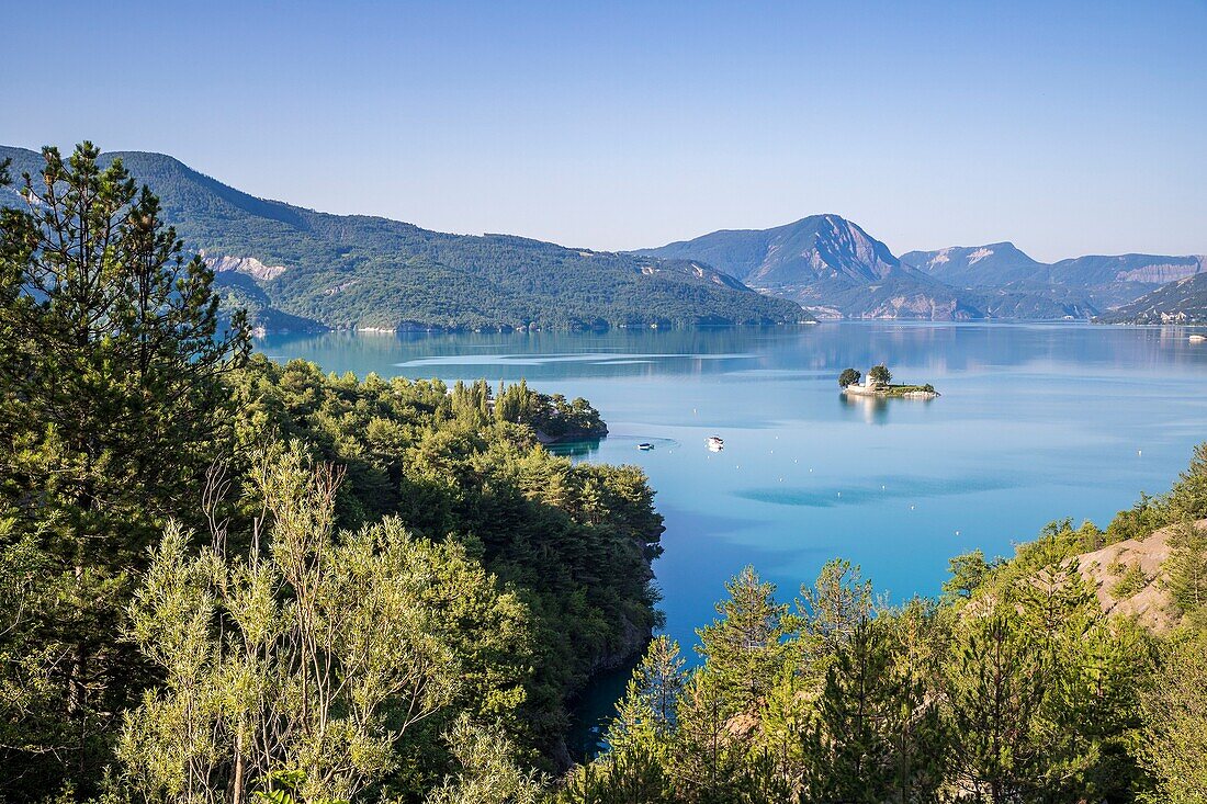 France, Hautes Alpes, the lake of Serre Poncon, Saint Michel chapel of the 12th century on Saint Michel islet