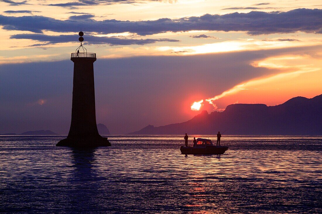 France, Bouches du Rhone, La Ciotat Bay, lighthouse, Cap de l'Aigle in the background