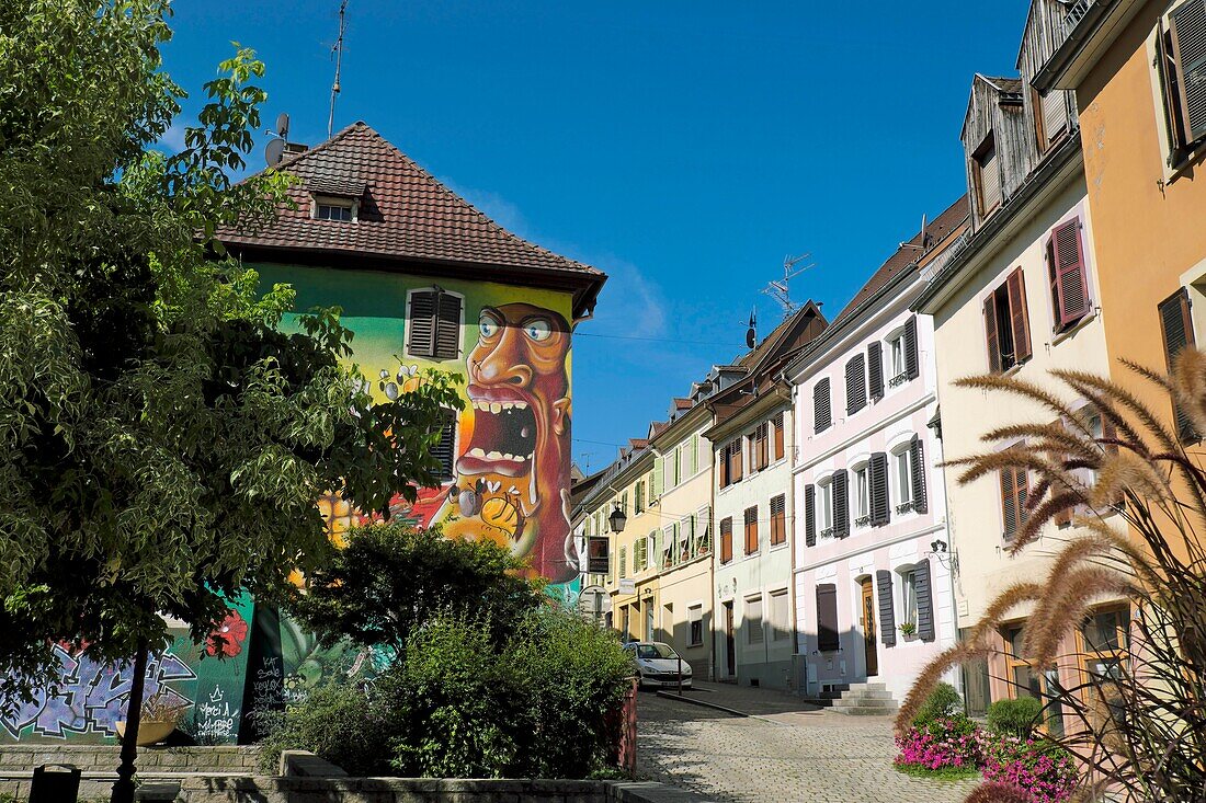 France, Haut Rhin, Altkirch, Rue des Boulangers, park, fresco on the facade of a house