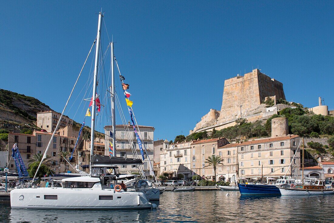 France, Corse du Sud, Bonifacio, the marina dominated by the bastion of the citadel banner