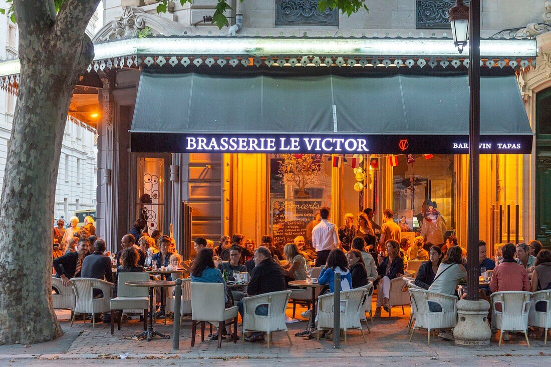 France, Herault, Sete, Victor Hugo Avenue, Cafe terrace under plane trees