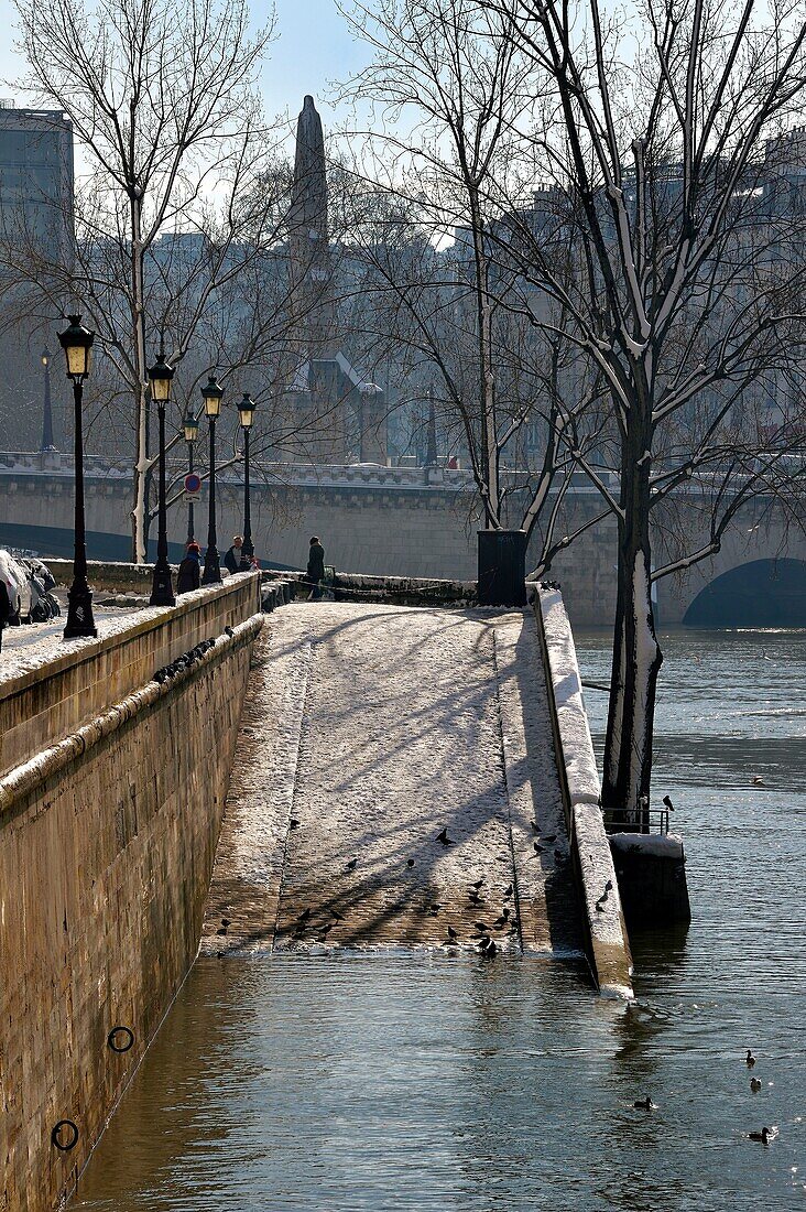 Frankreich, Paris, von der UNESCO als Welterbe eingestuftes Gebiet, die Ufer der Seine, von der UNESCO als Welterbe eingestuft, die Ufer der Seine bei Hochwasser auf der Ile Saint Louis unter dem Schnee, die Tournelle-Brücke im Hintergrund