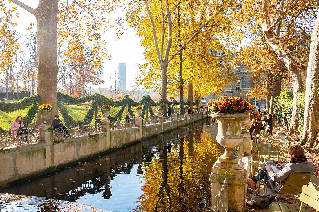 France, Paris, Luxembourg Garden in autumn, the fountain of Medici
