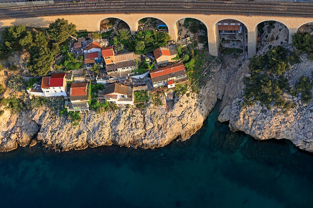 France, Bouches du Rhone, The Blue Coast, Le Rove, estancan cove, the railway bridge (aerial view)