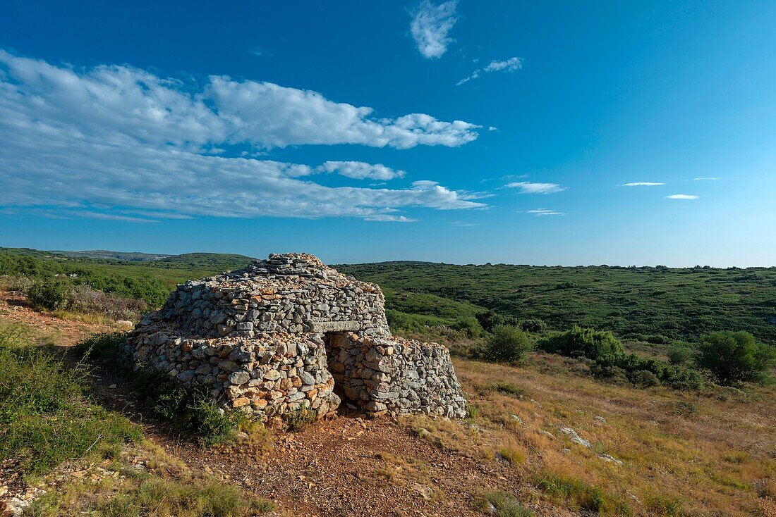 France, Herault, Poussan, built stone dry capitelle in the scrubland