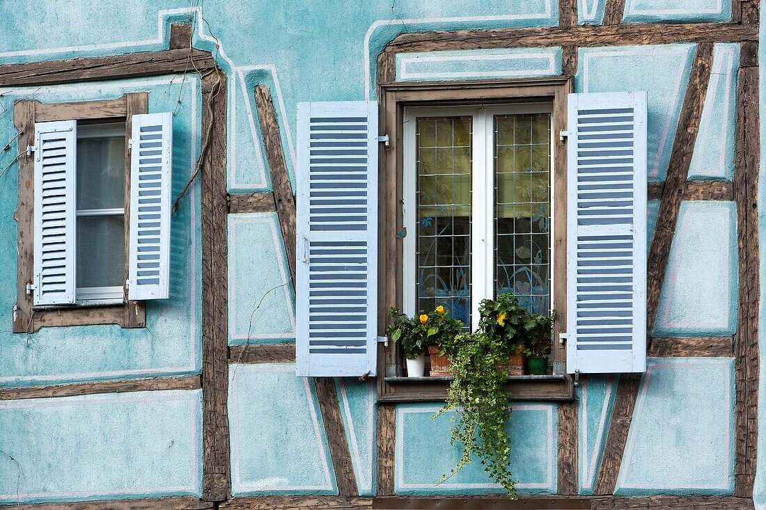 France, Haut Rhin, Route des Vins d'Alsace, Colmar, facade of a half timbered house in La Petite Venise district