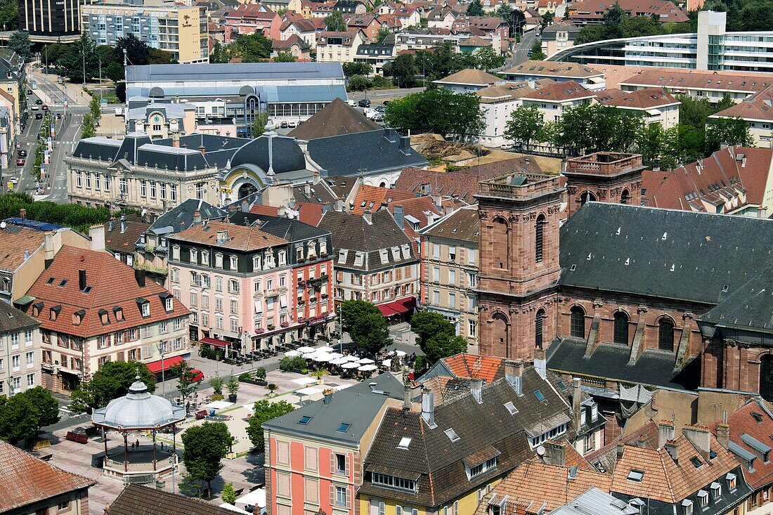 France, Territoire de Belfort, Belfort, the old city, Saint Christophe cathedral, Fréry covererd market, from the castle