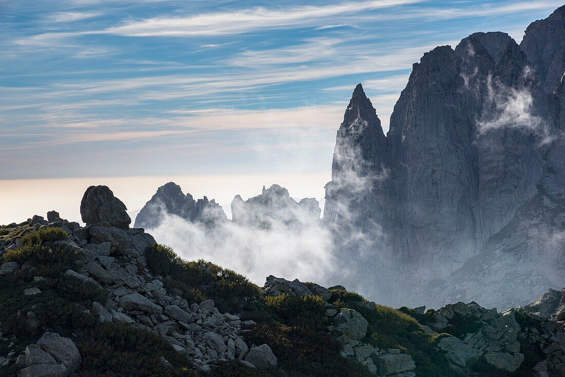 France, Haute Corse, Corte, Restonica Valley, hiking in the Regional Nature Park, Soglia Pass view of the Cassette, GR 20 route