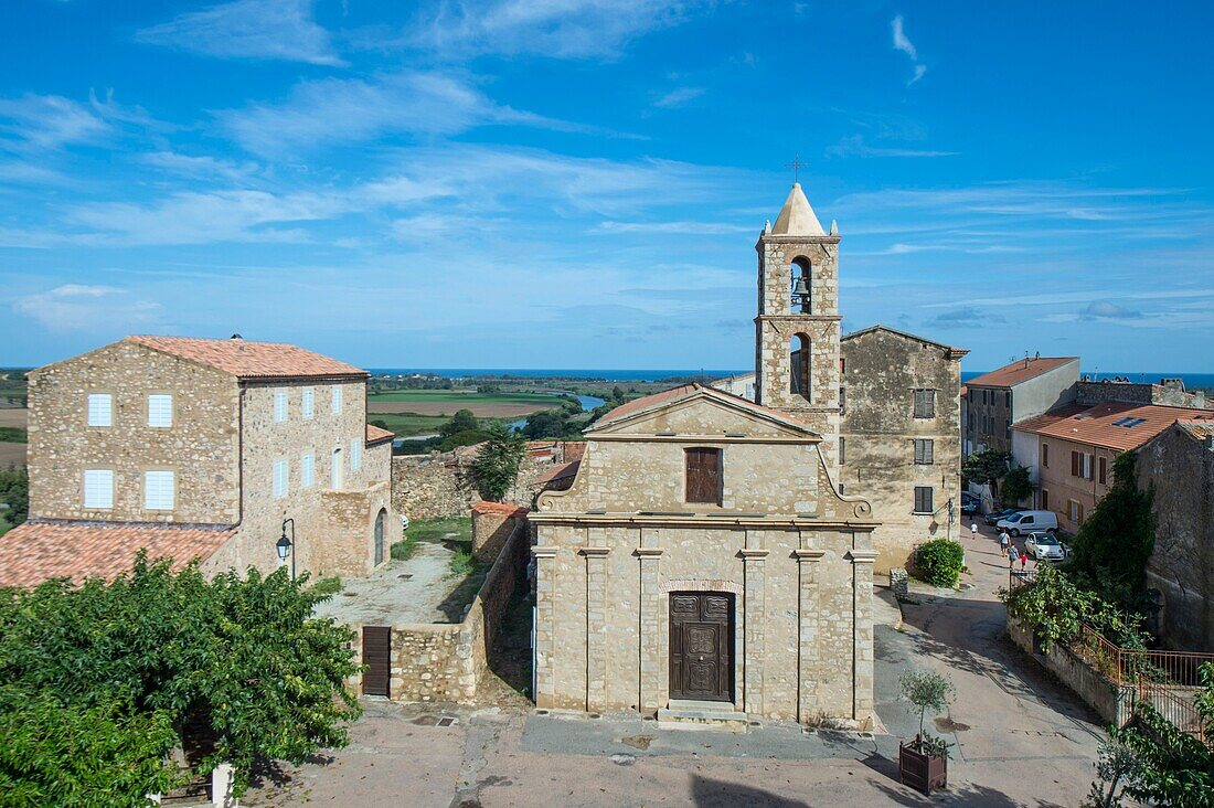 France, Haute Corse, Aleria, eastern plain the old Genoese fort of Matra today archeology departmental museum Jerome Carcopino, the church saint Marcel seen from the roof terraces of the museum