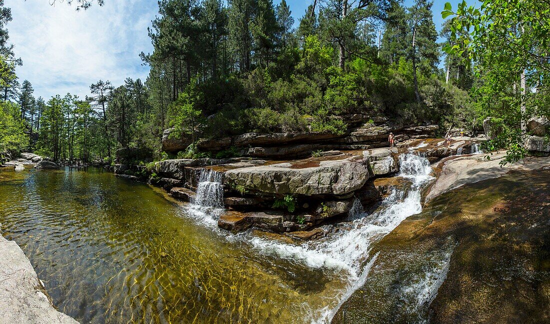France, Corse du Sud, D 84, Evisa, regional natural park, panoramic view of the enchanting site of the waterfalls of Aitone on the eponymous torrent