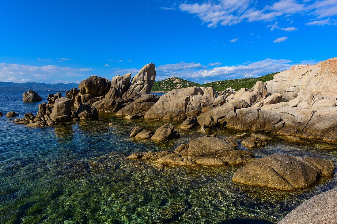 France, Corse du Sud, Campomoro, Tizzano, coastal path in the Senetosa reserve, hiking on the coastal path of the reserve, the sight on these granite chaos is striking at sunset