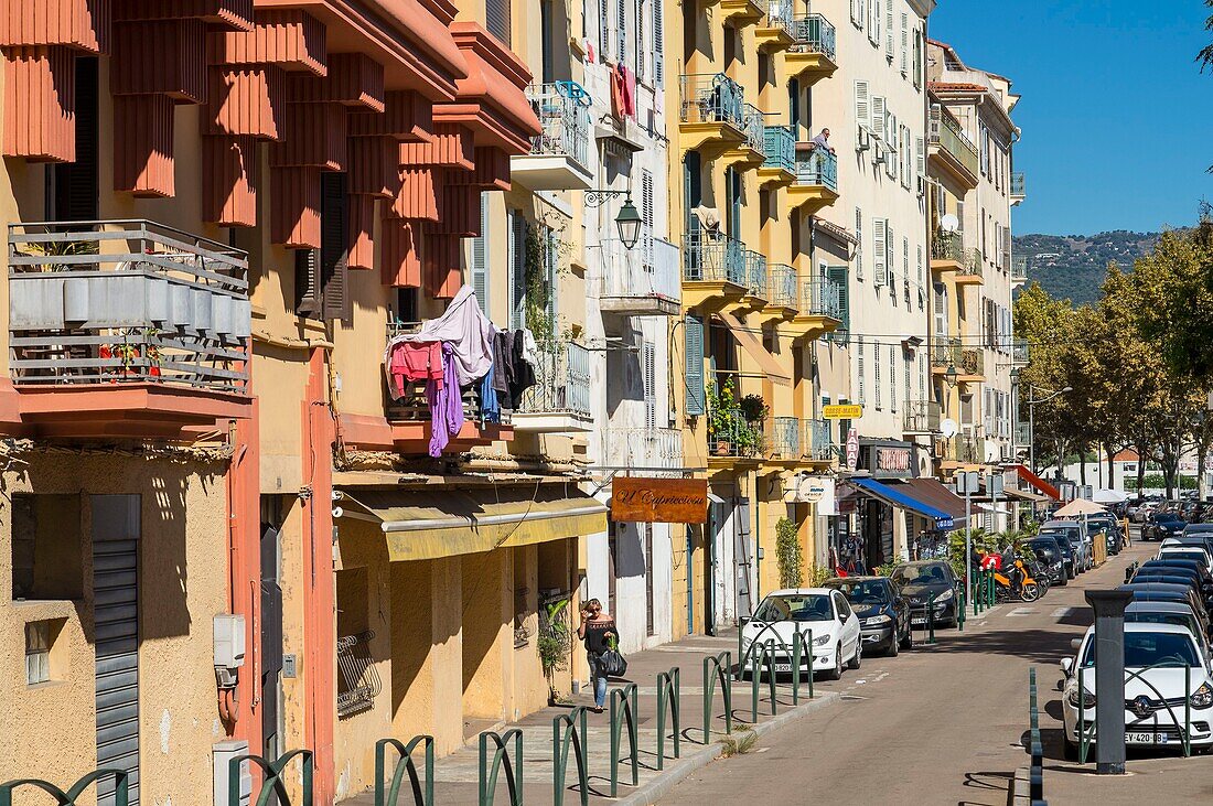 France, Corse du Sud, Ajaccio, the colorful facades of King Jerome Boulevard