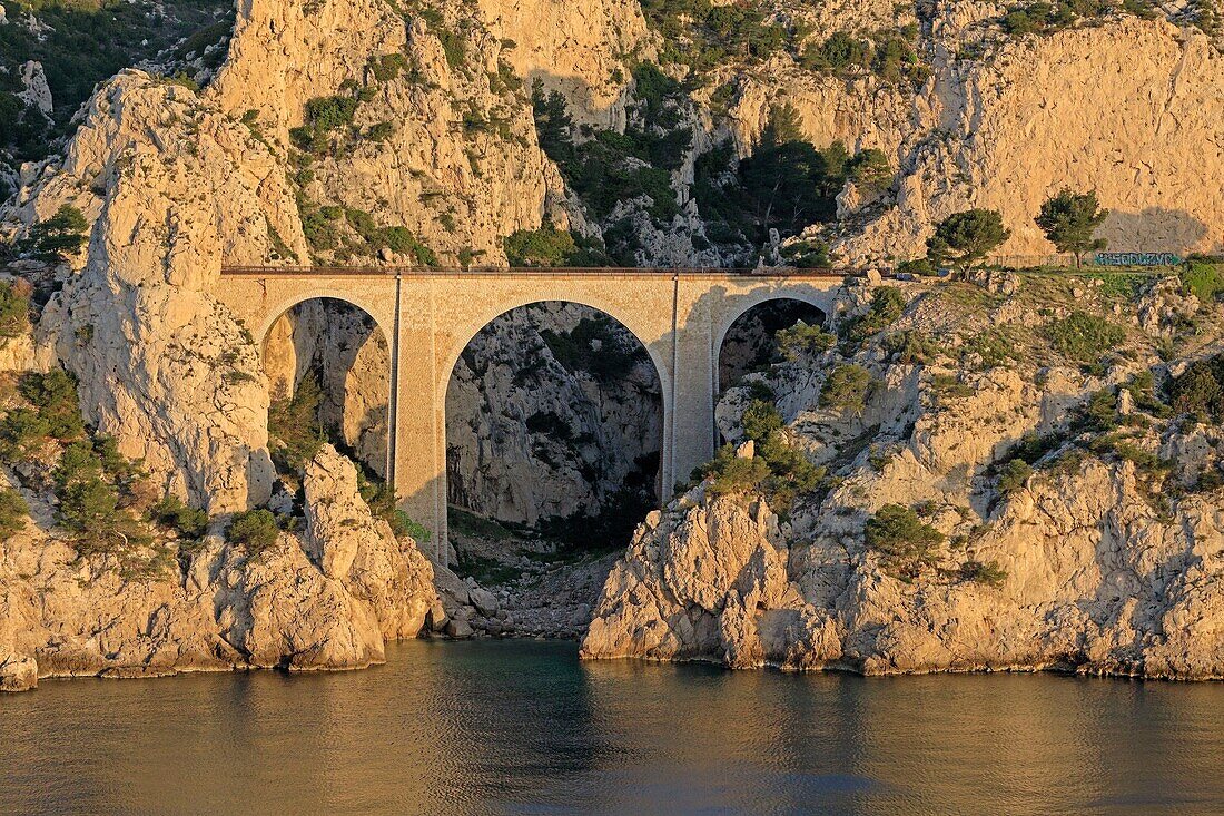 France, Bouches du Rhone, The Blue Coast, Le Rove, estancan cove, the railway bridge (aerial view)