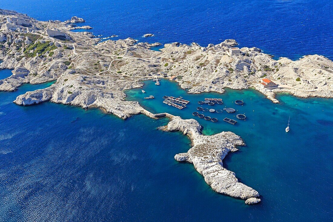 France, Bouches du Rhone, Calanques National Park, Marseille, 7th district, Frioul Islands archipelago, Pomègues island, Pointe Pomègues and Pomègues natural harbor (aerial view)