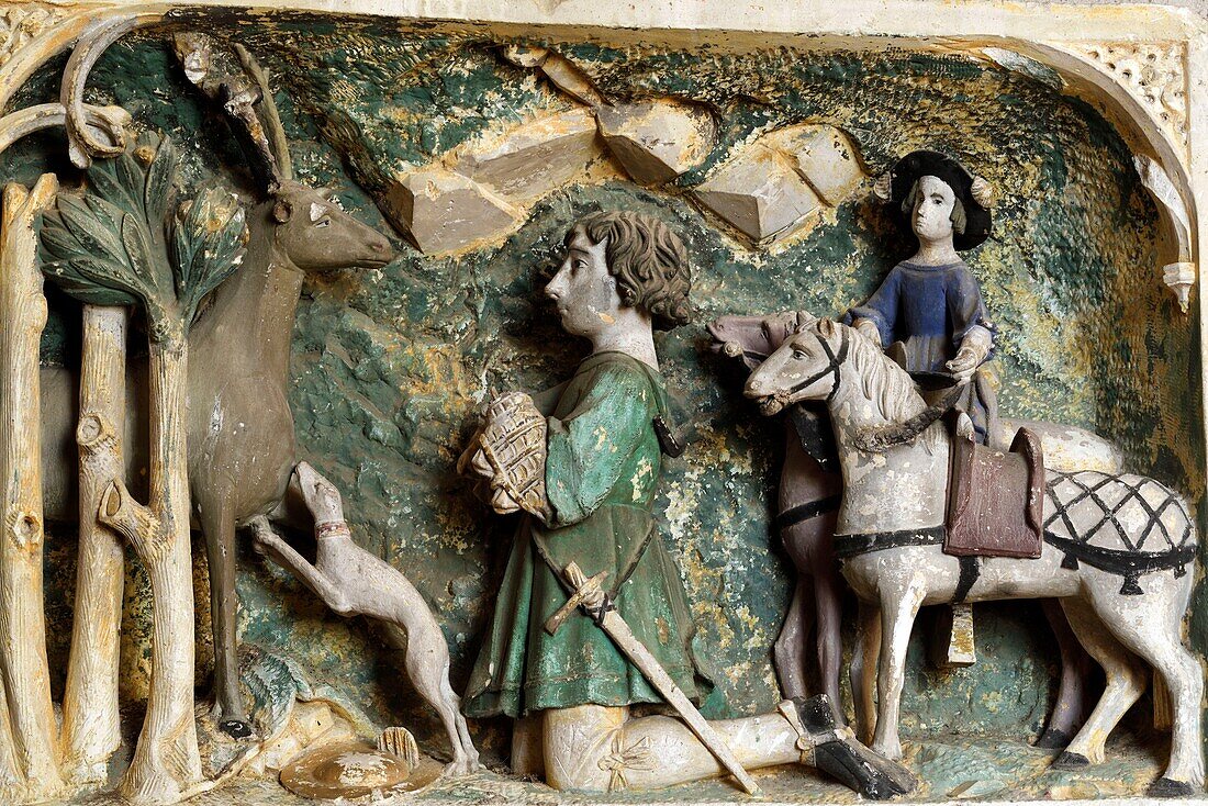 Frankreich, Jura, Saint Lothain, Kirche aus dem 10. Jahrhundert, Hubertusjagd, polychromes Alabaster-Basrelief von 1516