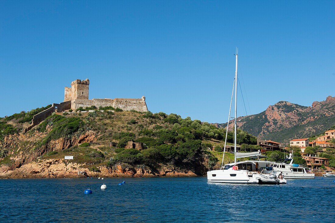 Frankreich, Corse du Sud, Porto, Golf von Porto, von der UNESCO zum Weltkulturerbe erklärt, das Dorf Girolata, das mit dem Boot oder zu Fuß erreichbar ist, im Hafen ankernde Segelboote und der genuesische Turm