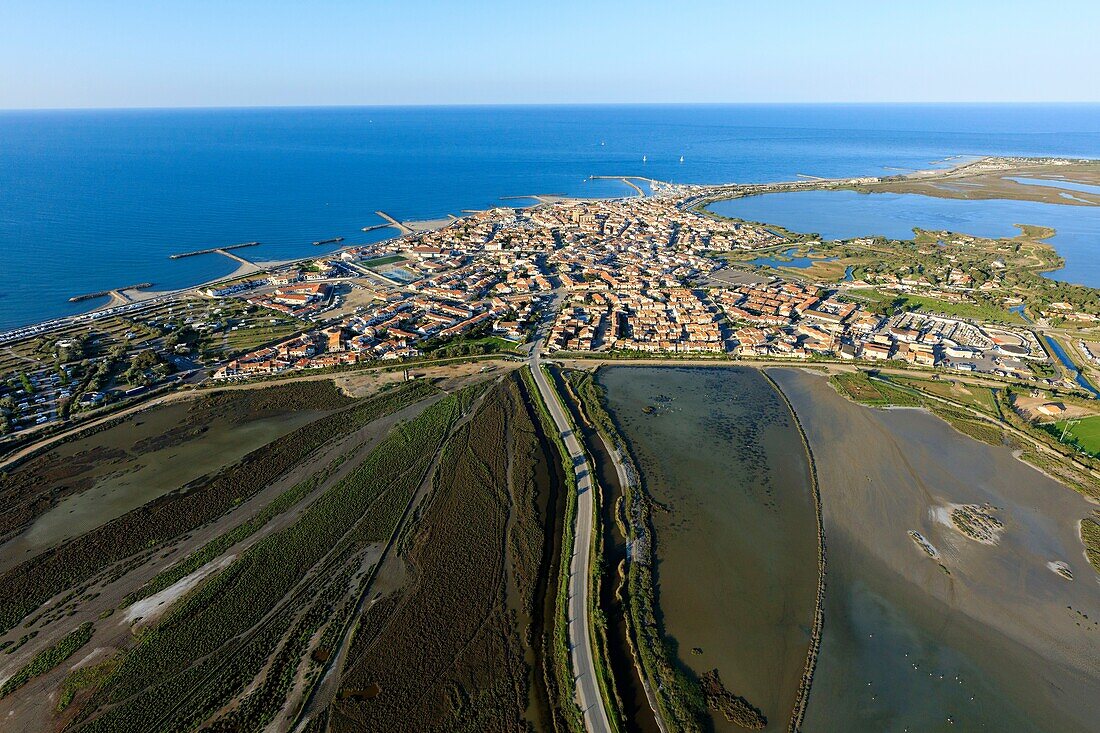 France, Bouches du Rhone, Camargue Regional Nature Park, Saintes Maries de la Mer, pond of Launes (aerial view)