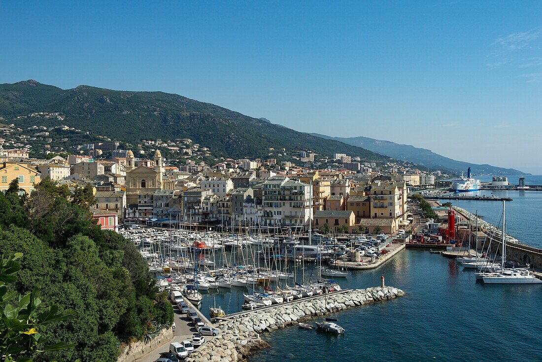 France, Haute Corse, Bastia, old port and old city seen from the citadel
