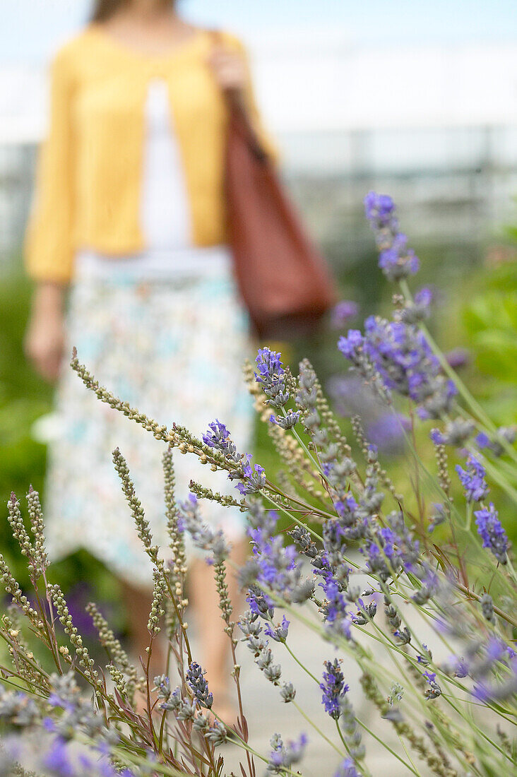 Woman walking in summer garden