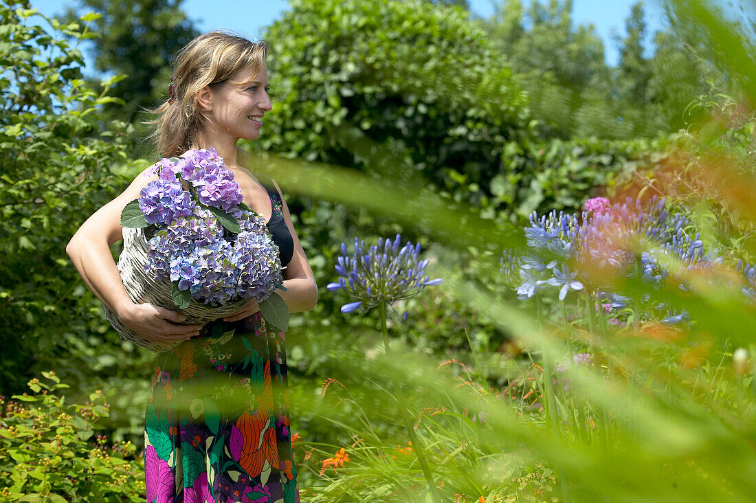 Frau hält Korb mit Hortensie