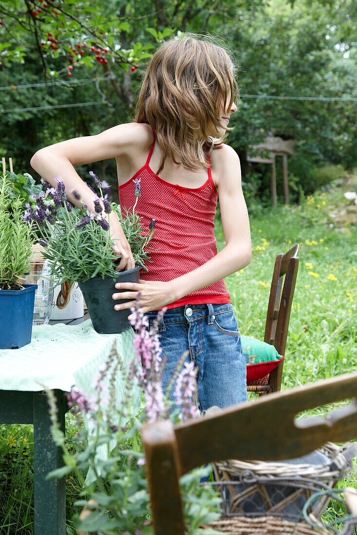 Girl planting lavender