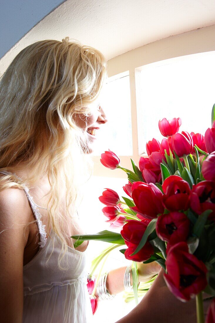 Woman holding tulips