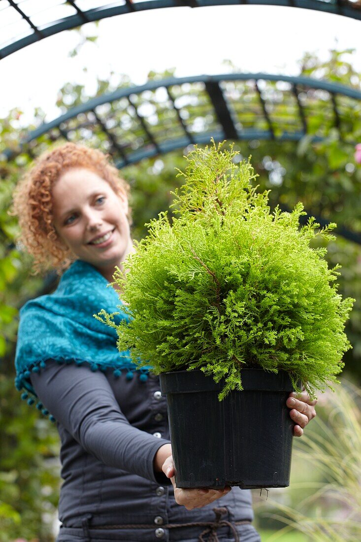 Woman holding conifer