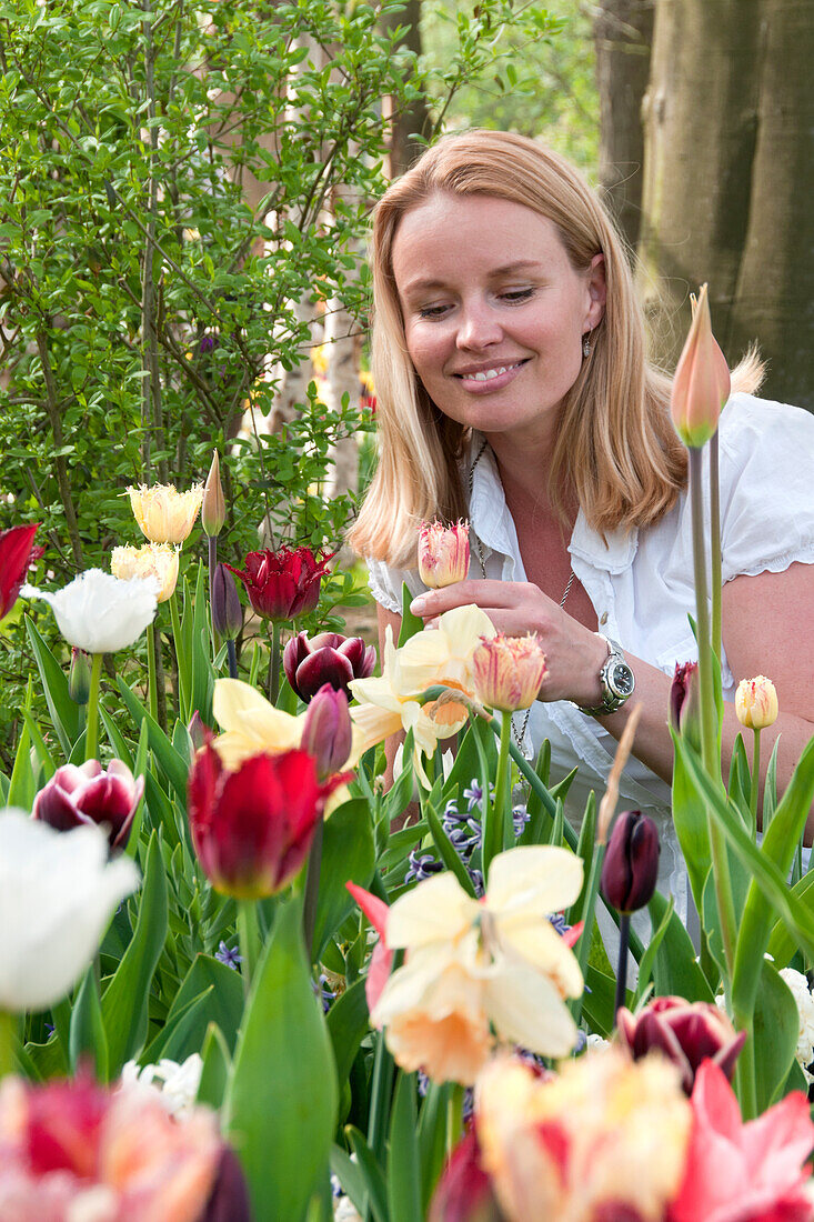 Woman touching tulips
