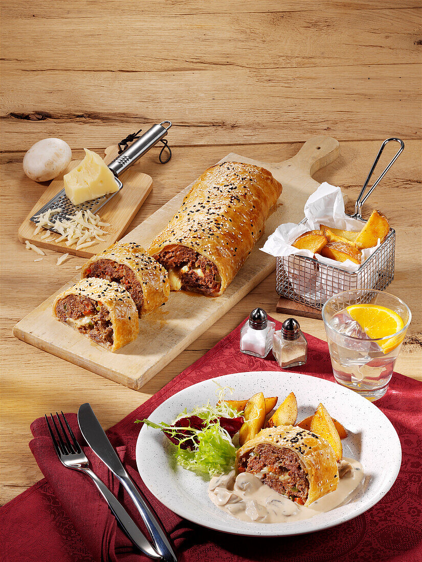 Minced meat, paprika and cheese strudel