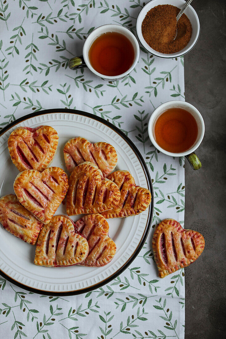 Heart-shaped puff pastry for tea