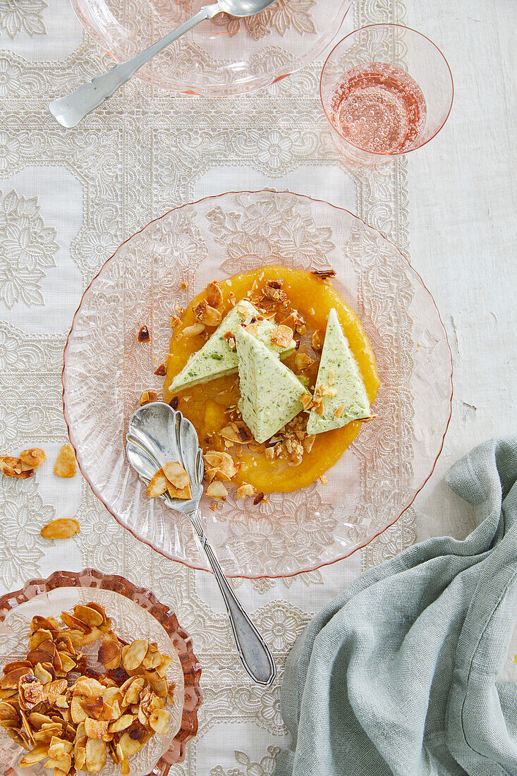 Italian pistachio parfait with apricot sauce and almond brittle