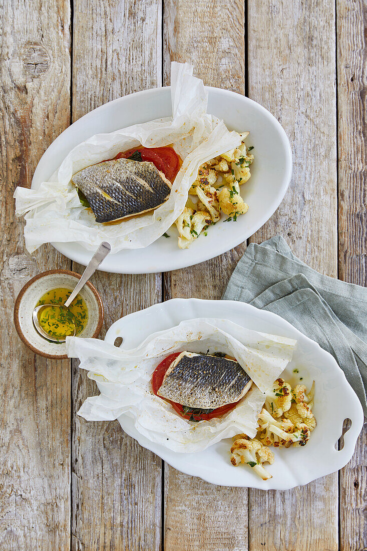Sea bass in parchment paper with baked cauliflower
