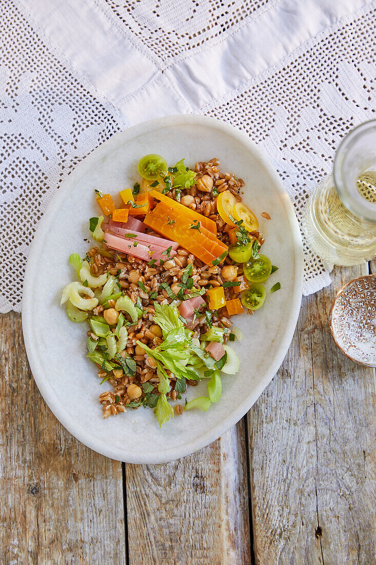 Insalata di Farro with chickpeas, celery and beetroot