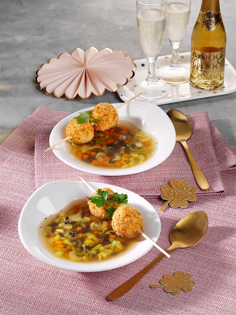Clear lentil soup with poultry balls for New Year's Eve