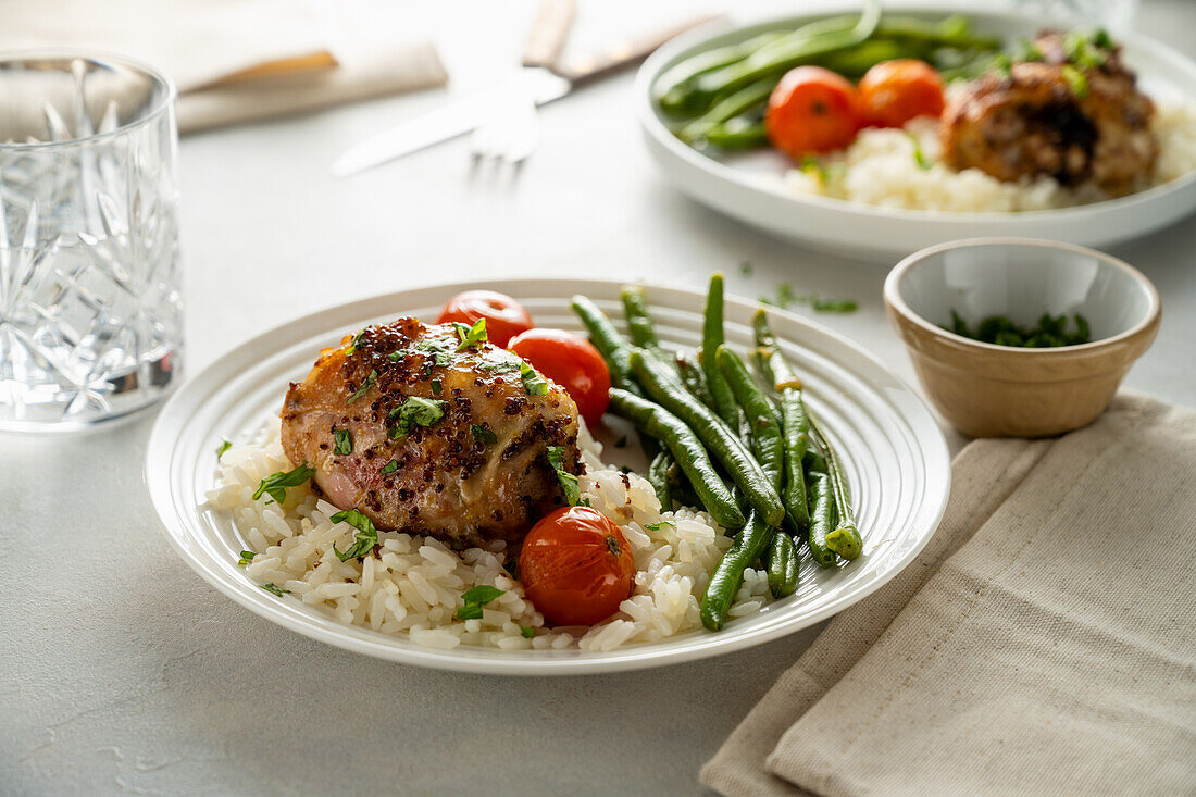 Honey Dijon chicken with rice and green beans