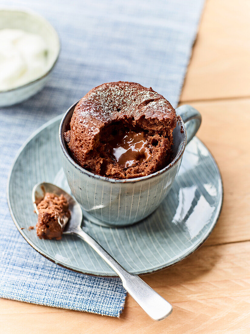 Chocolate mug cake with nougat centre