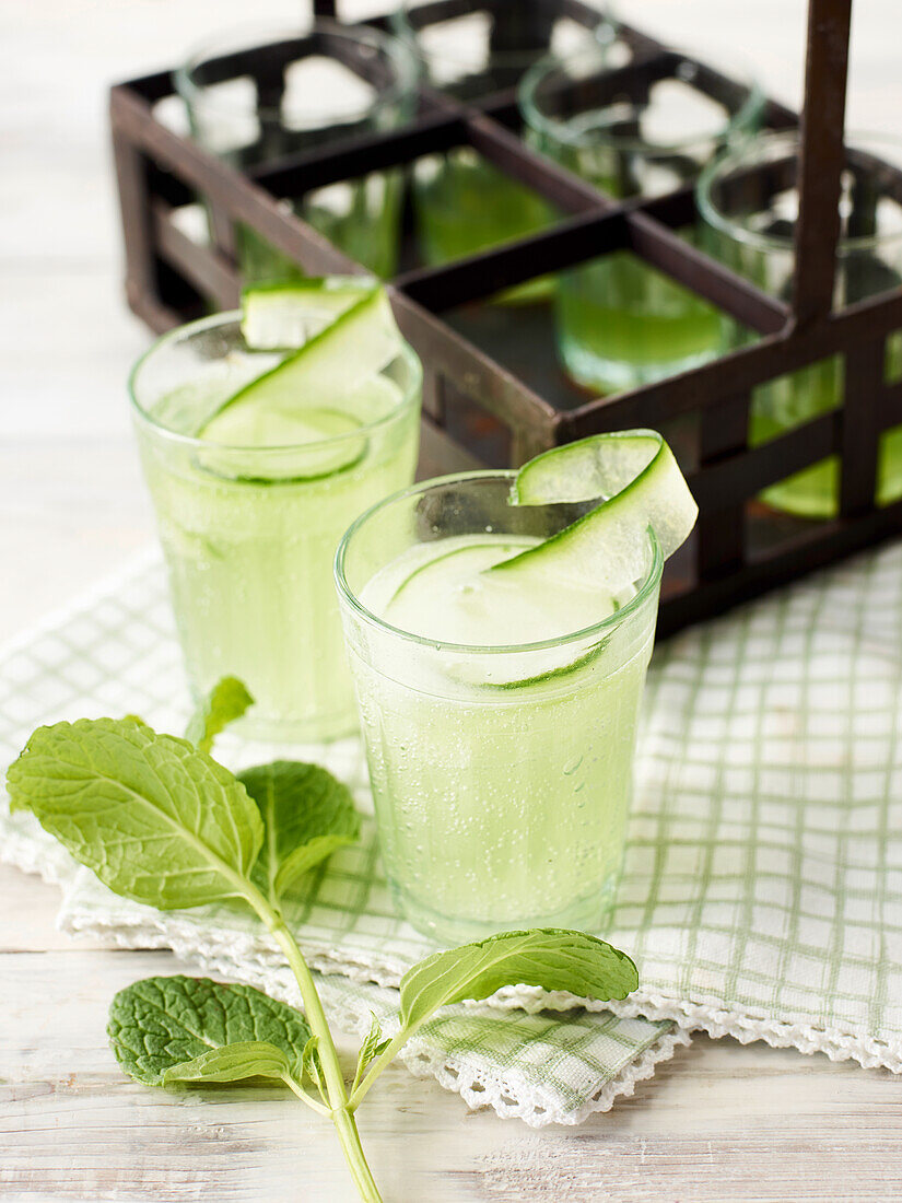 Homemade cucumber lemonade with mint