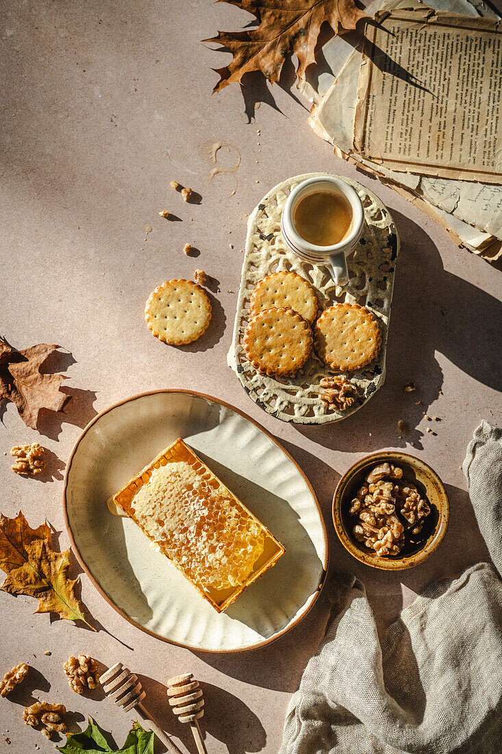 Coffee, shortbread biscuits, honeycomb and walnuts