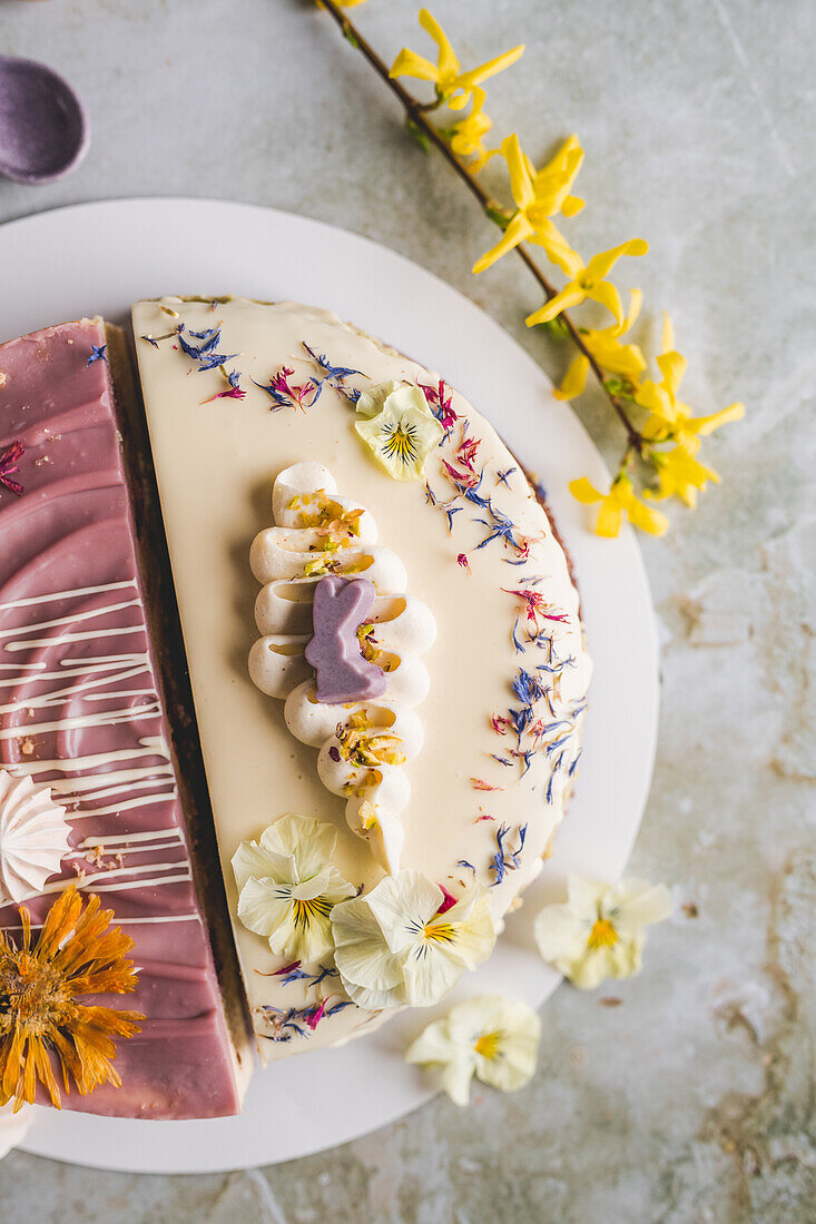 Two kinds of Easter cheesecake decorated with flowers